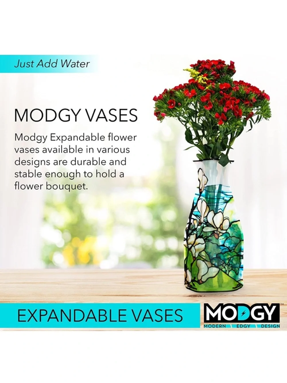 Modgy Blue & Green Floral Expandable plastic Vase. NWT.
